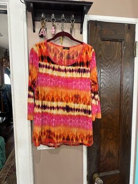 Strazzi Scoop-Neck Long Sleeve Tie-Dye Top in Pink, Orange & Yellow